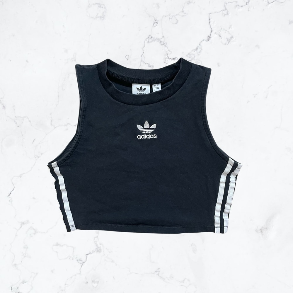 Adidas Black White Stripe Cropped Athletic Muscle Tank Top